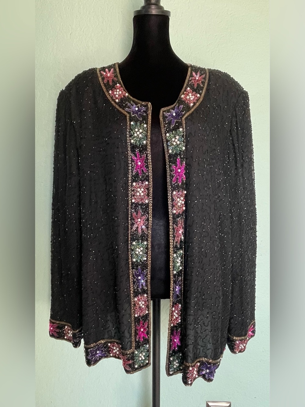 Laurence Kazar Black Beaded Open-Front Jacket with Multicolor Floral Embellish